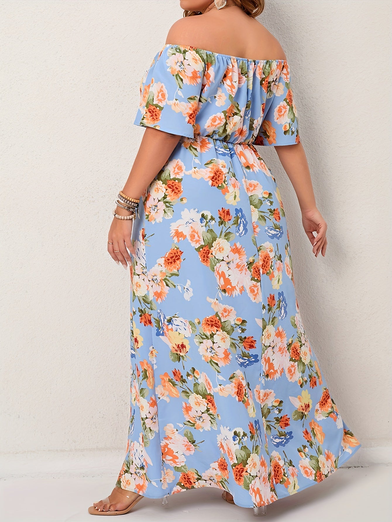 Floral Print Off Shoulder Maxi Summer Dress