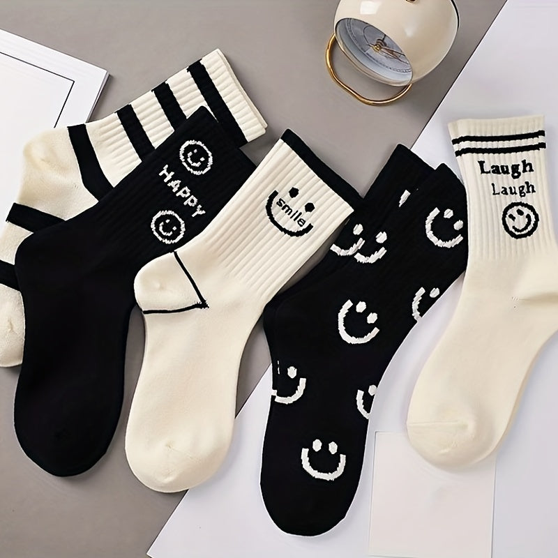 8 Pairs Smiling Face Print Socks Women's Mid Tube Stockings