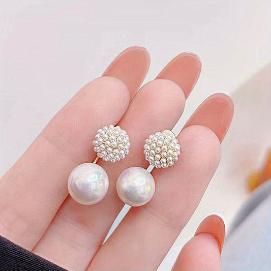Flower Pattern Faux Pearl Dangle Earrings 14K Plated Jewelry