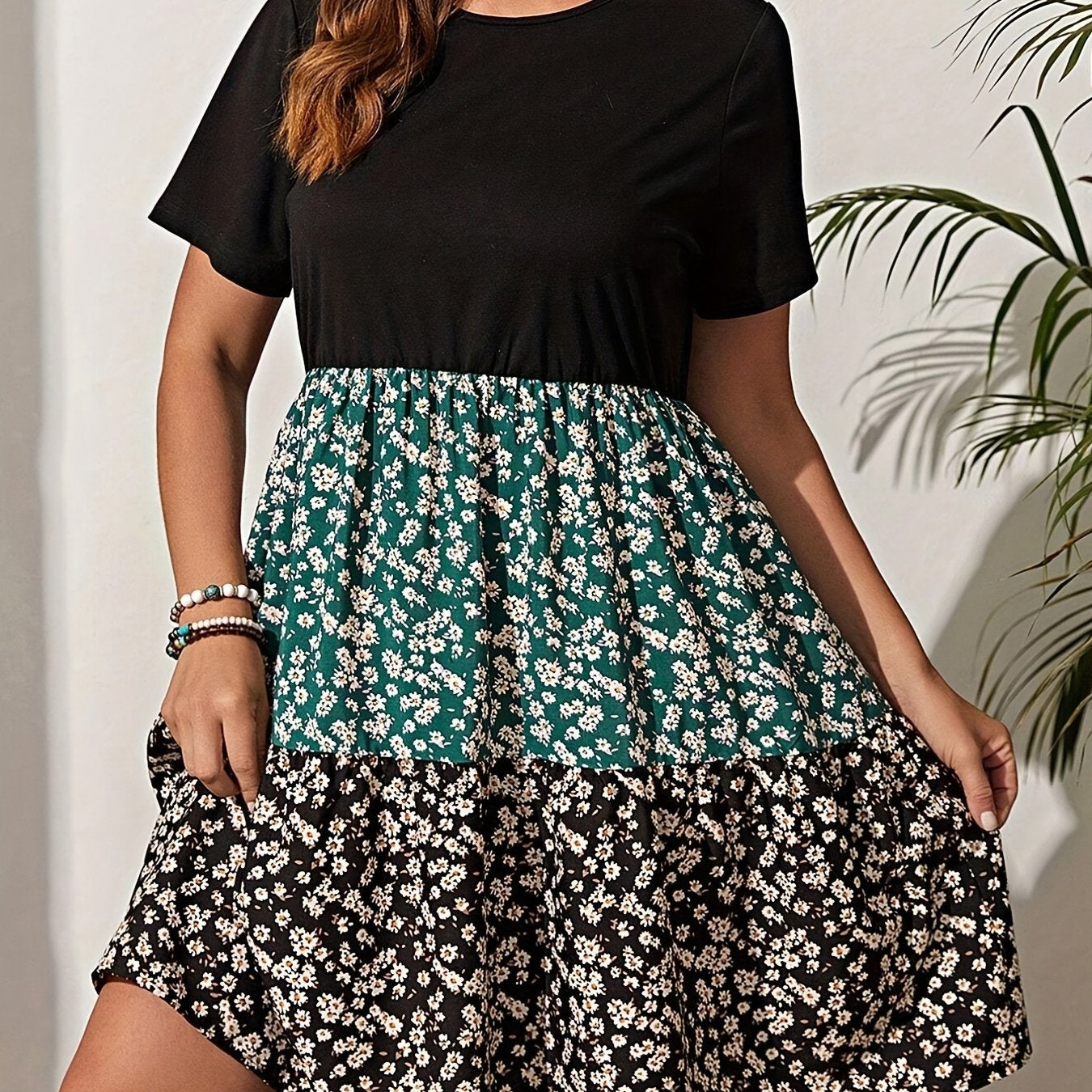  Colorblock Ditsy Floral Print Smock Dress