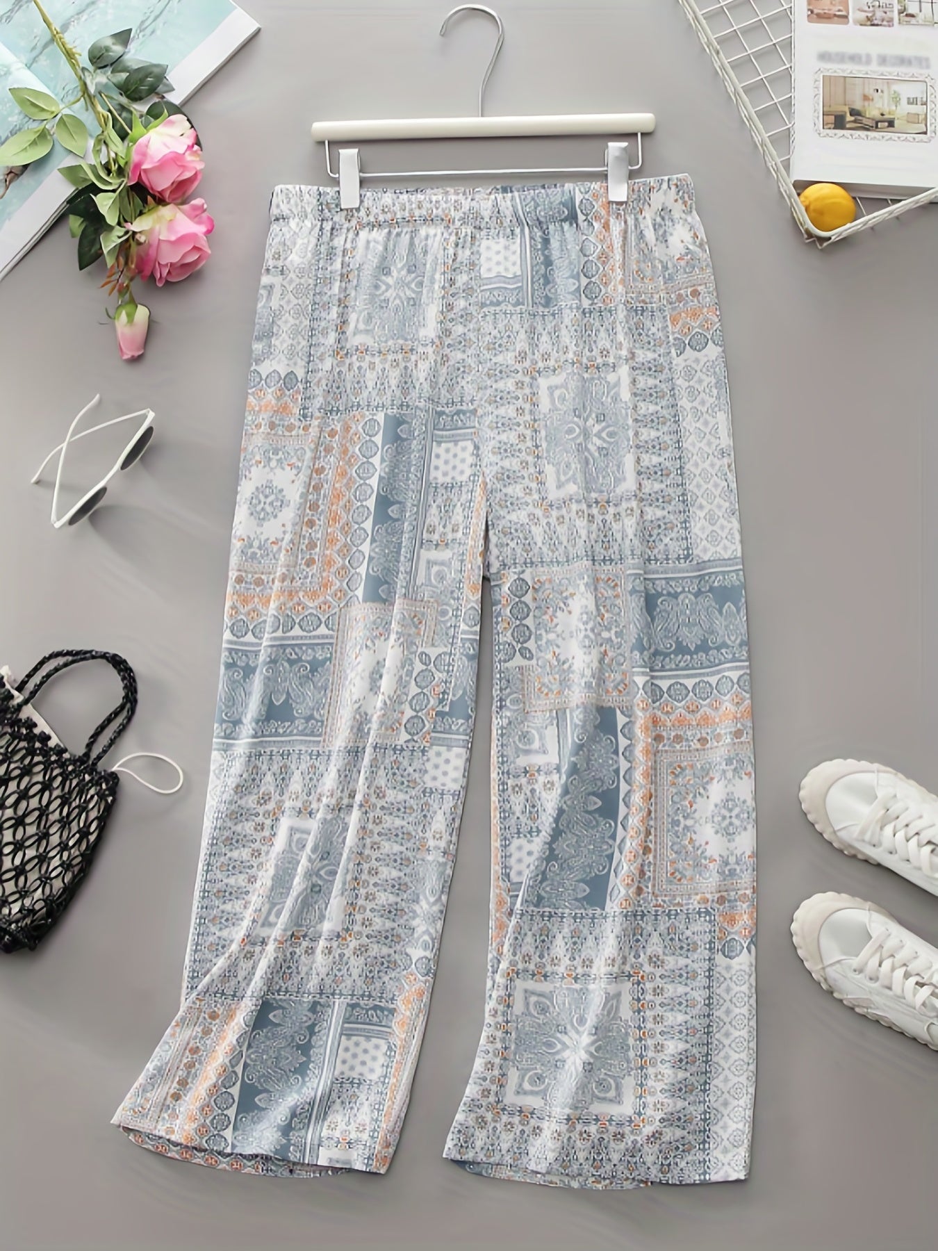 Boho Pants Women's Plus Paisley Print Straight Leg Pant