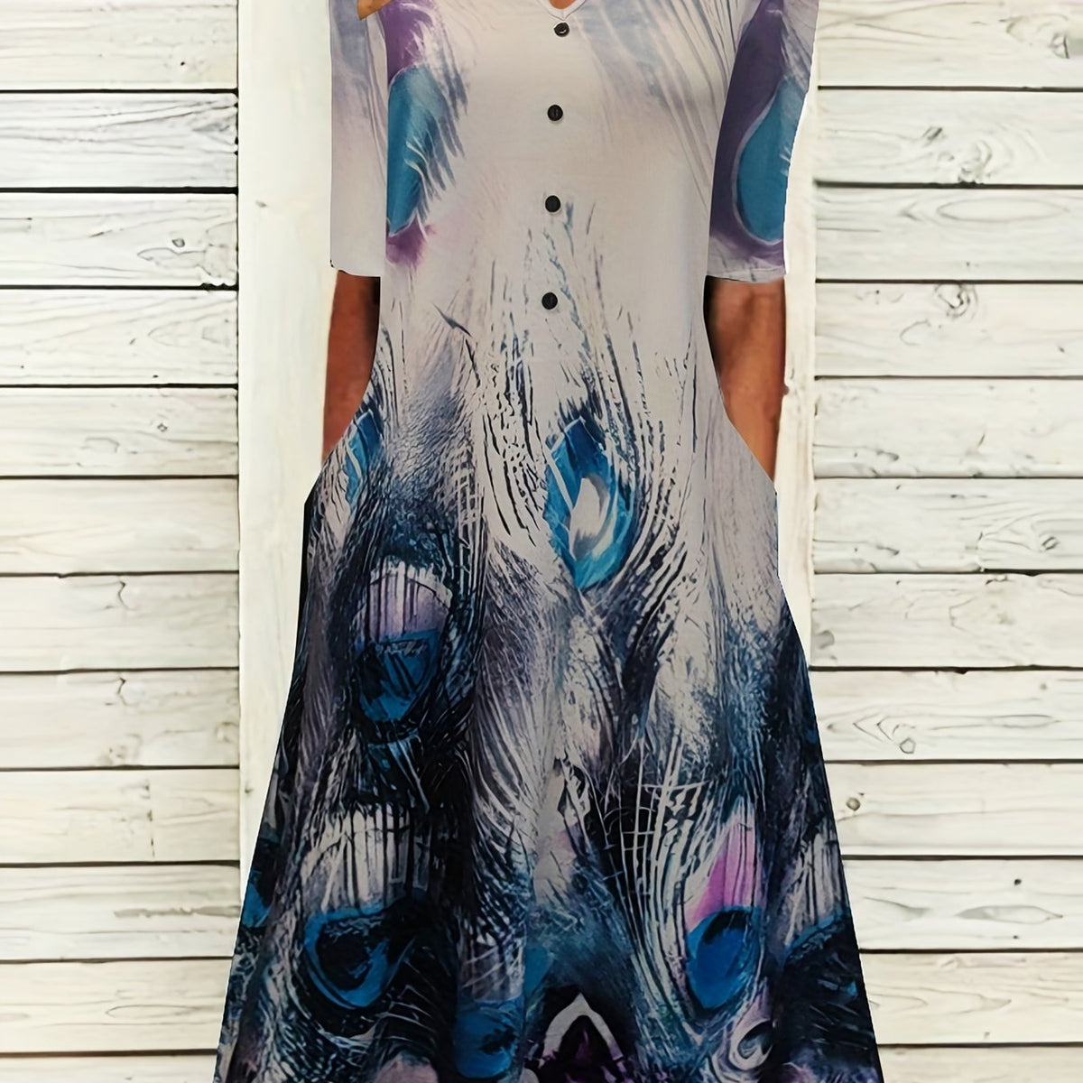  Feather Print Short Sleeve Dress