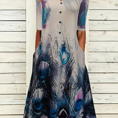  Feather Print Short Sleeve Dress