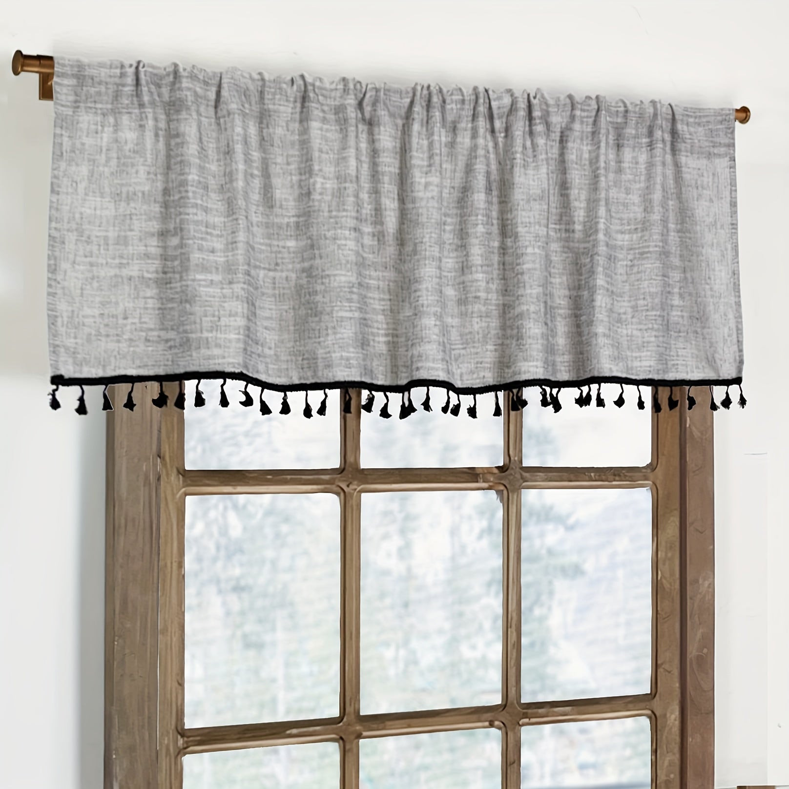 1PC Linen Curtain Head Short Valance Gray Tassel Kitchen Curtain Small Curtain