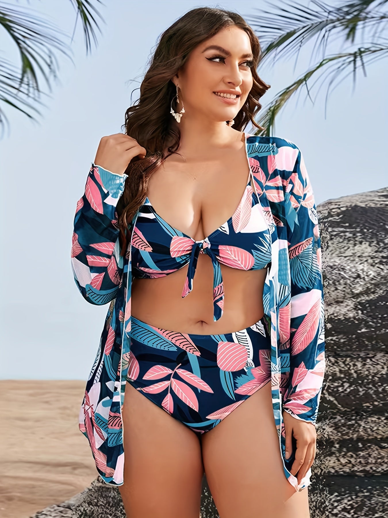 Boho Bikini Set Plus Leaf Print Cover Up Knot Front Bra Panty Swimsuit 3 Piece