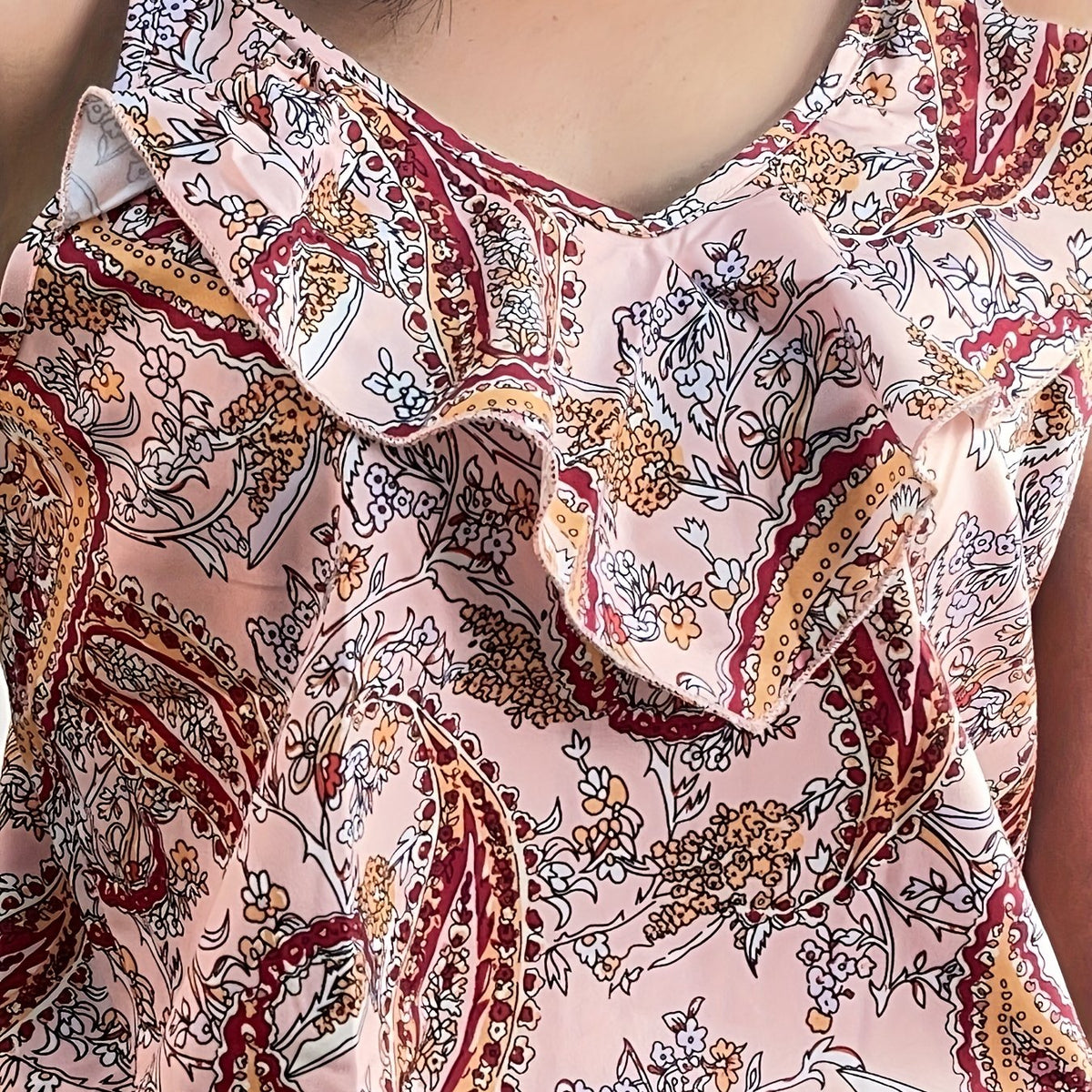 Boho Paisley Print Ruffle Trim Cami Top Summer Sleeveless Top
