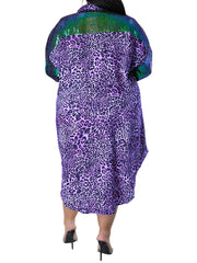  Colorblock Leopard Print Sequin Button Up Long Sleeve Shirt Dress