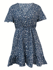 Floral Print V Neck Button Dress Short Sleeve Casual Dress