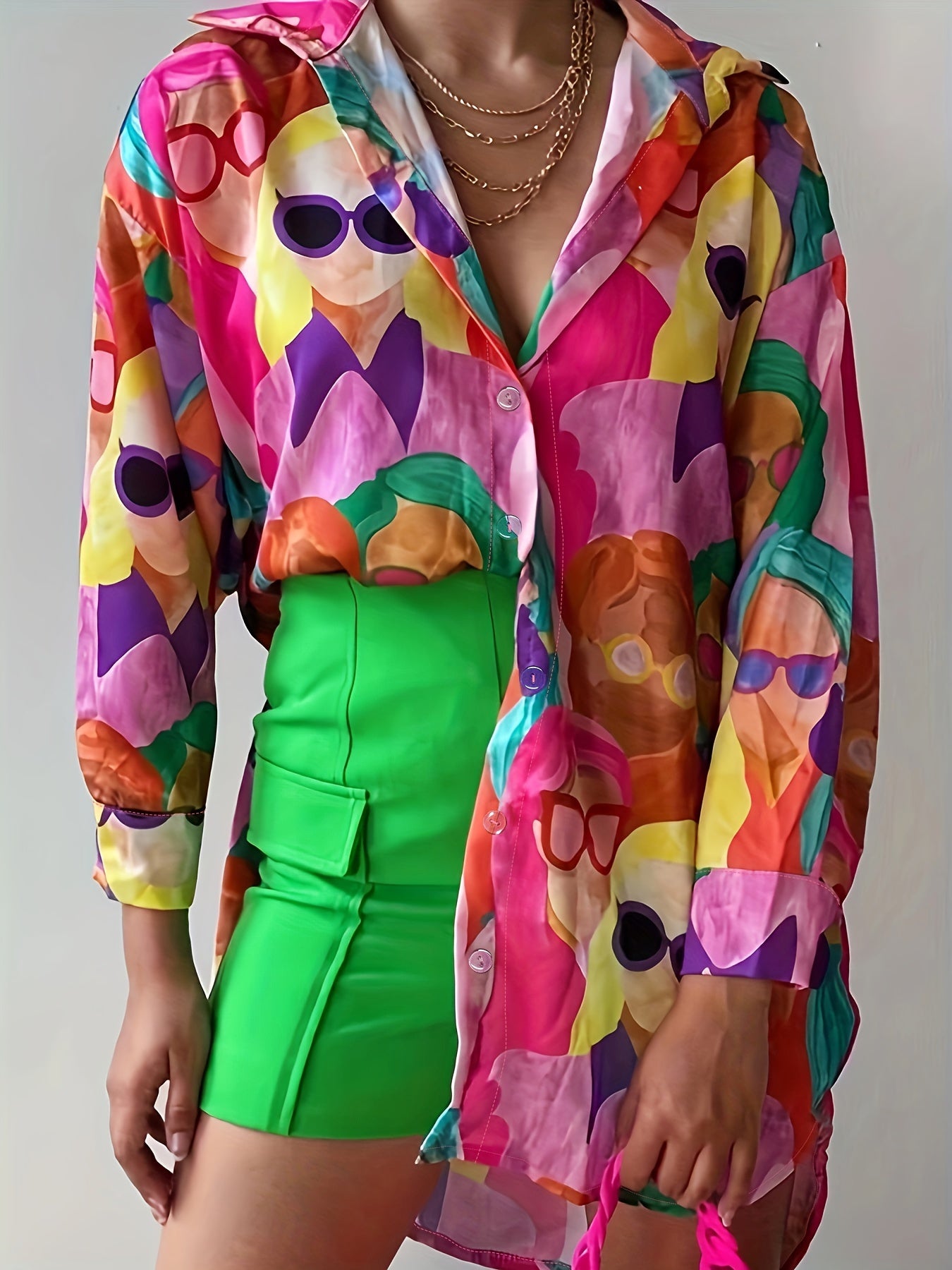  Cartoon Print Button Up Long Sleeve Blouse
