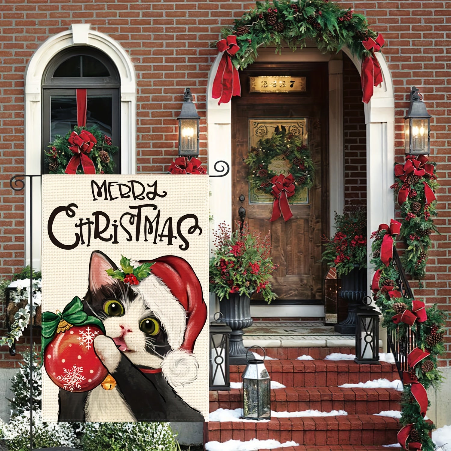 Tuxedo Cat Merry Christmas Garden Flag Double Sided Festive Holiday Yard Decor