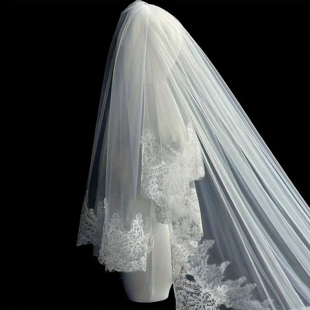 Royal Court Style Lace Bridal Tiara with Floral Pattern Train