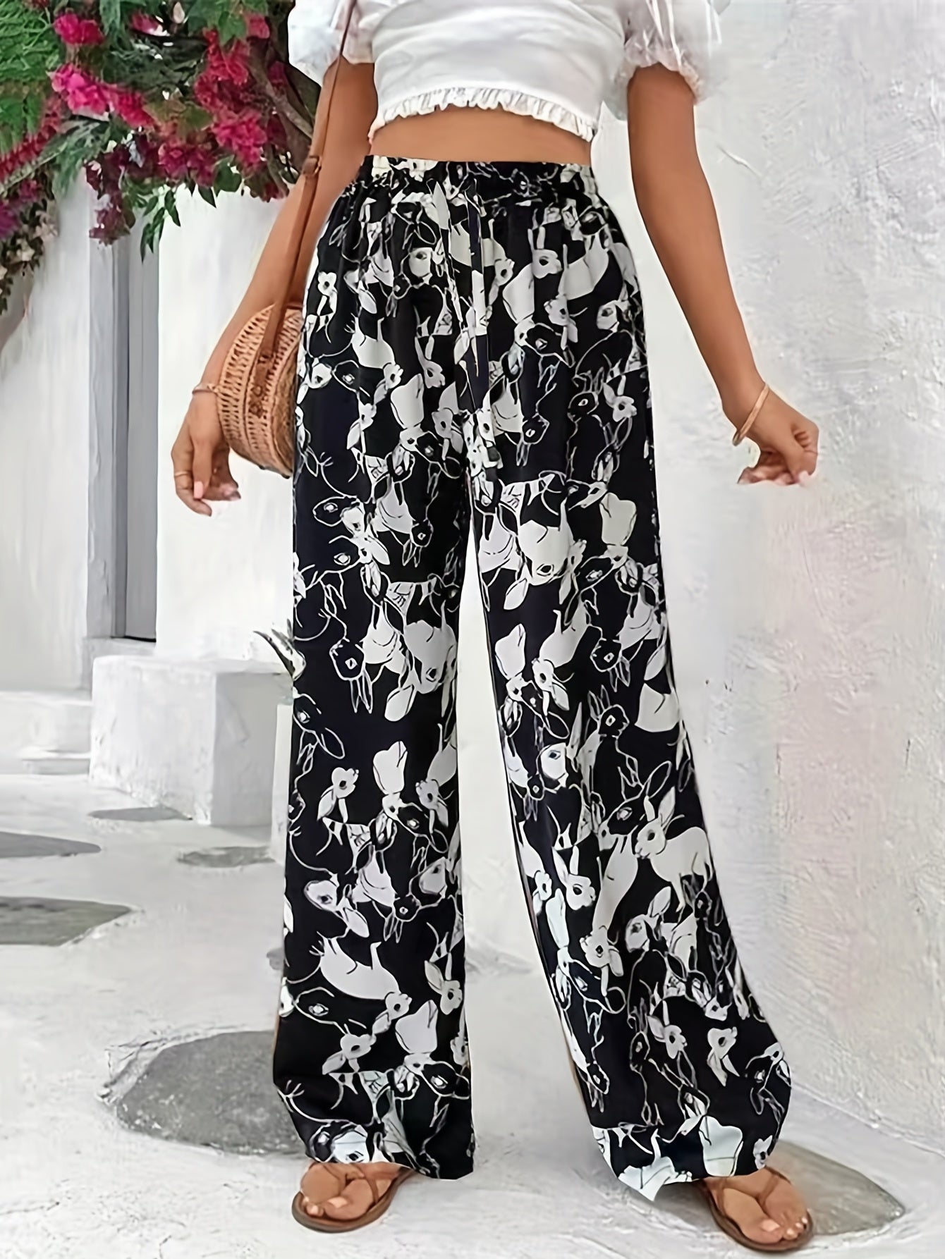  Colorblock Rabbit Print Drawstring Wide Leg Pants