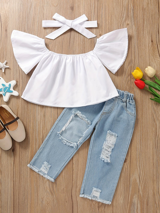 Girls Casual Top & Ripped Denim Pants Set