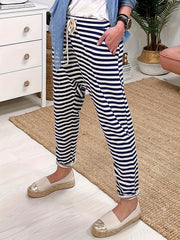 Women's Plus Stripe Print Drawstring Elastic High Rise Harem Trousers