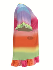  Colorblock Rainbow Print Ruffle Trim Short Sleeve Dress