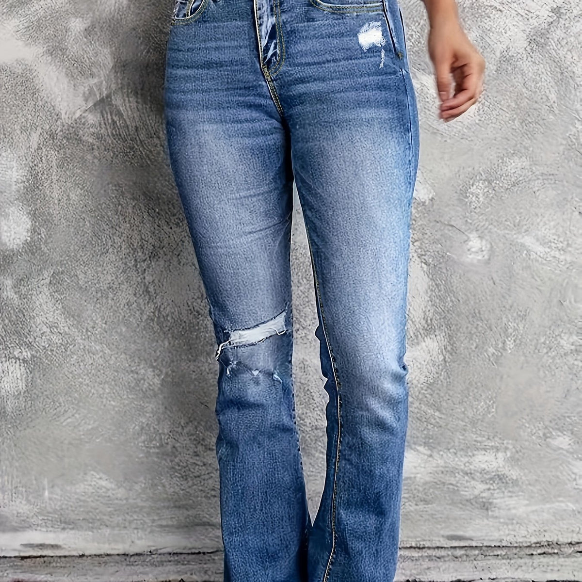  Ripped Button Fly Flared Leg High Stretch Washed Denim Pants