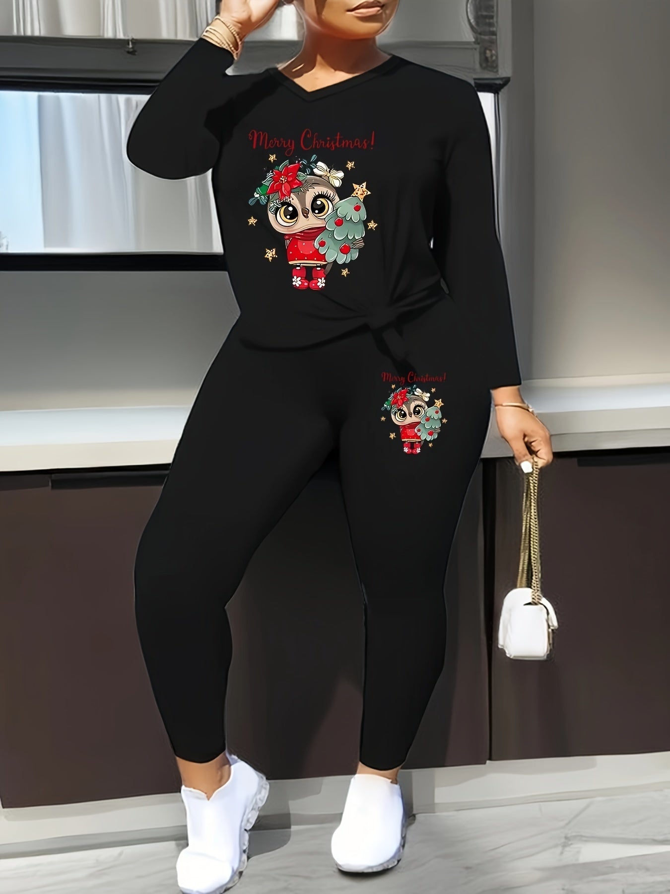  Christmas Outfits Set Women's V-Neck Owl & Tree Graphic Top & Leggings