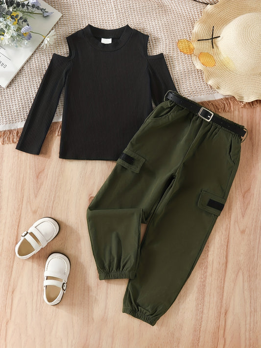 Girl's 2pcs Ribbed Top & Cargo Pants Set Shoulder Cut Out Casual Outfits