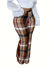  Plaid Print Drawstring Elastic High Rise Straight Leg Trousers