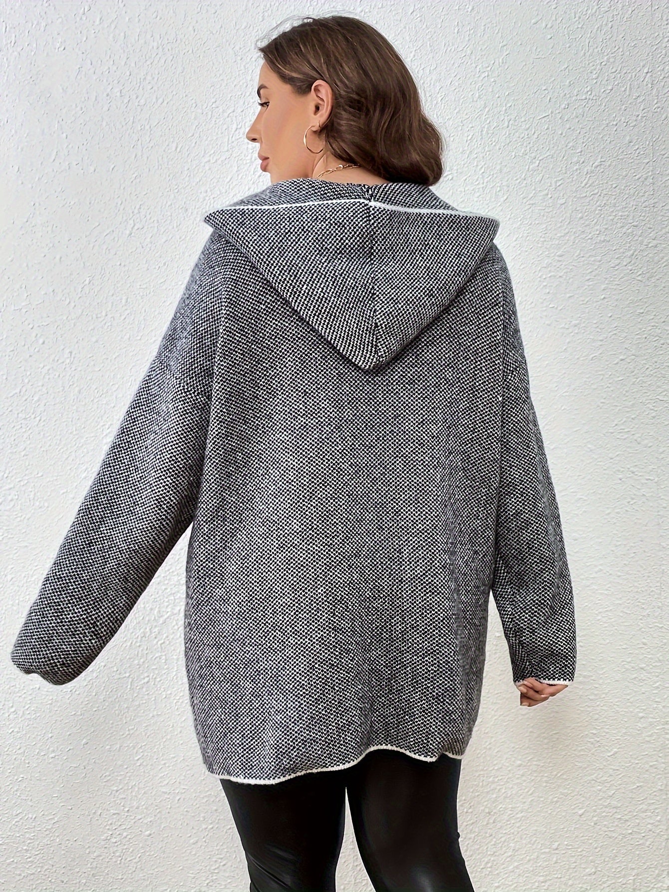  Colorblock Open Front Hooded Cardigan