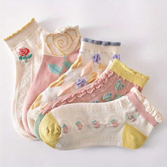5 Pairs Textured Ruffle Socks Low Cut Women's Stockings