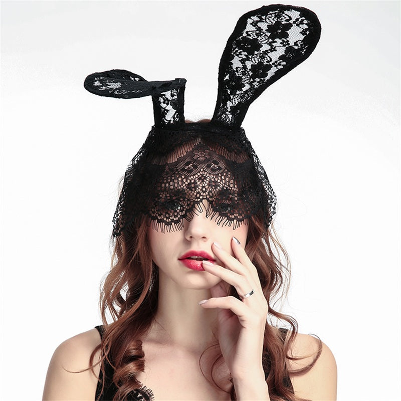 Halloween Lace Bunny Rabbit Ears Veil Mask Costume Party Roleplay