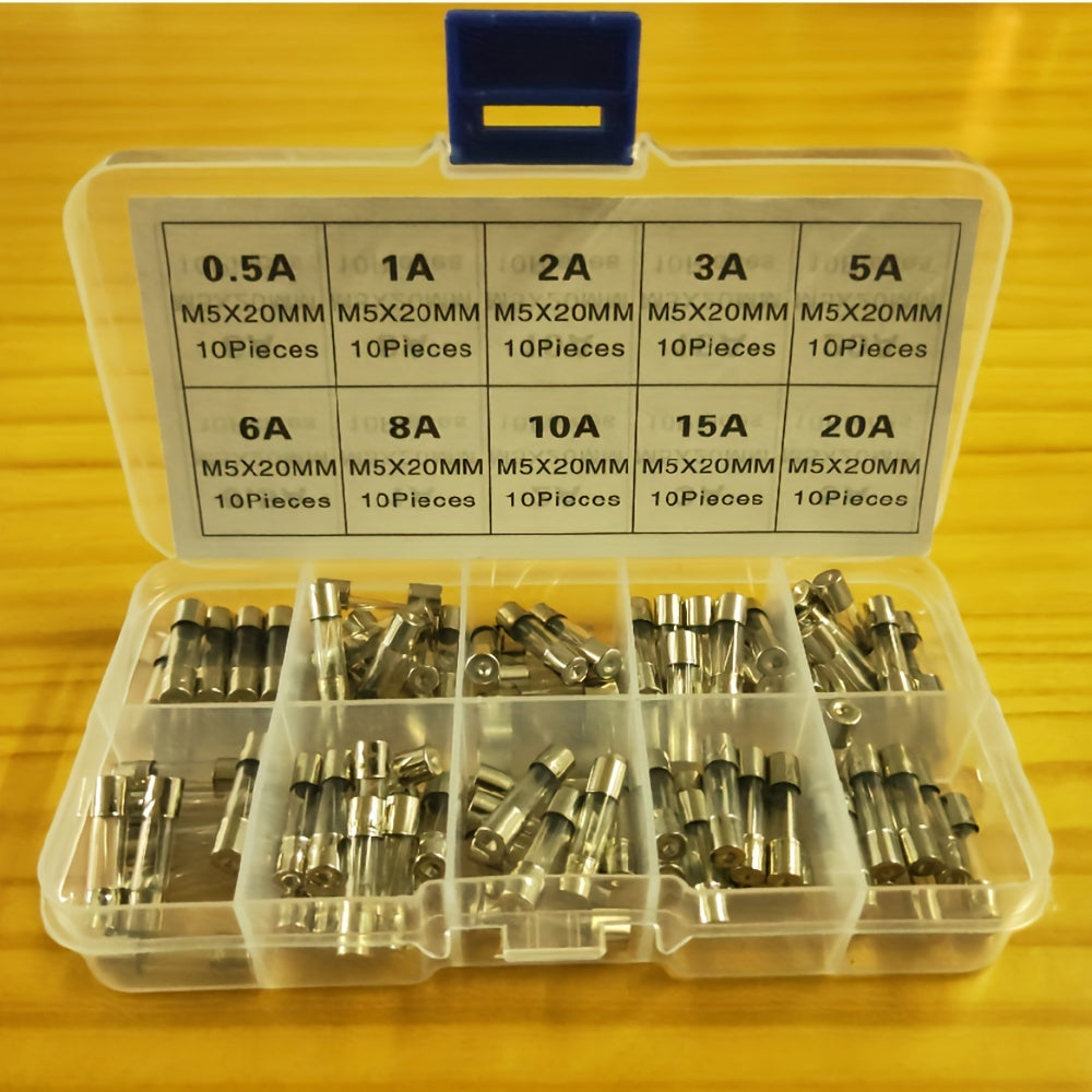 100pcs 5x20mm Fast Blow Glass Fuse Assortment 0.2A-20A Kit