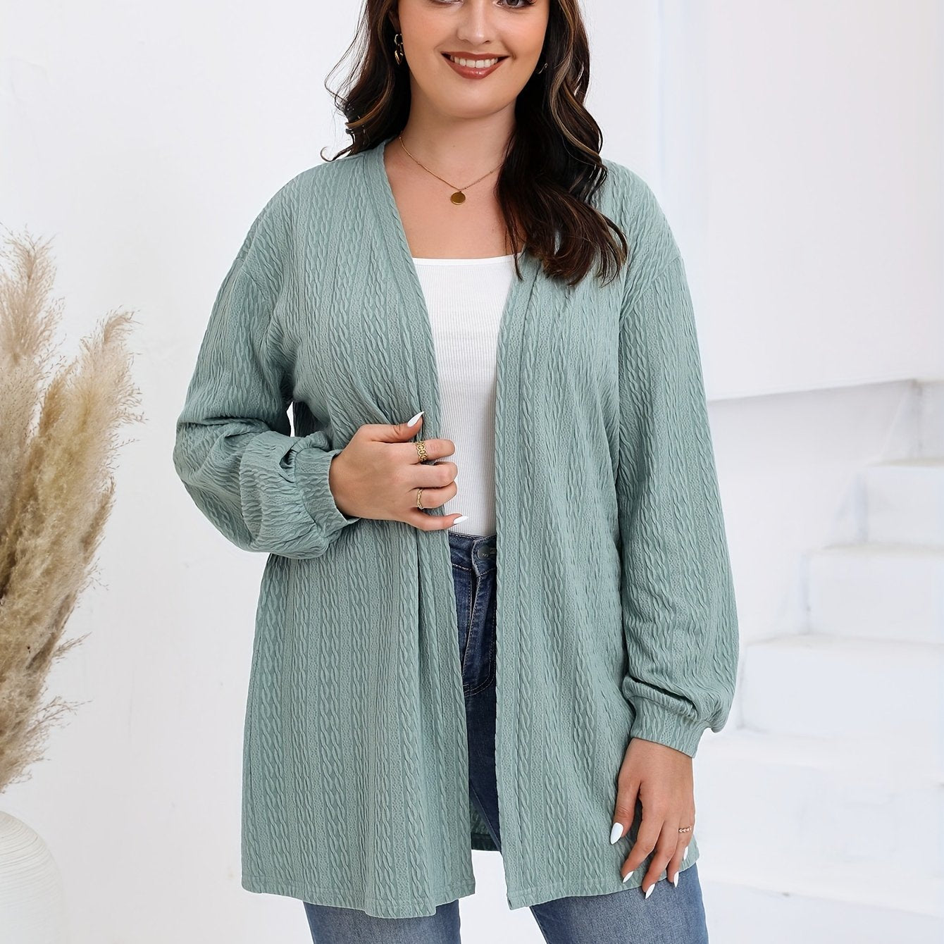  Solid Lantern Sleeve Open Front Stretch Cable Knitted Cardigan