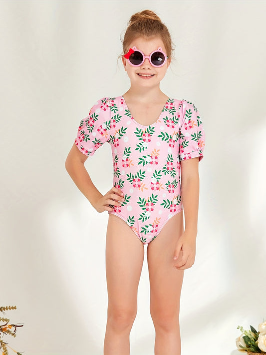 Girl's Floral Onesie Swimsuit Short Sleeve Bathing Suit Kids Clothes