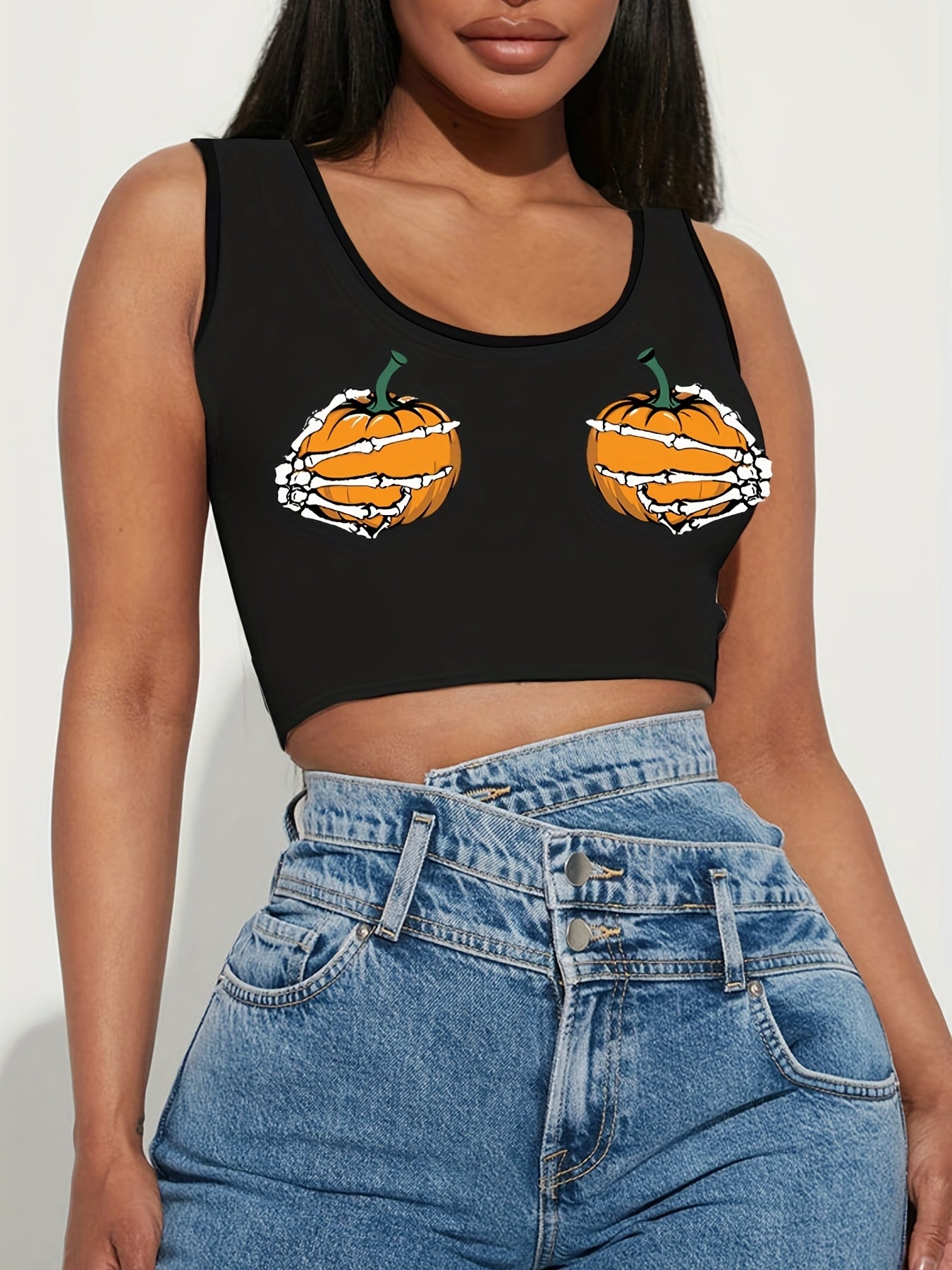 Pumpkin & Skull Hand Print Sleeveless Tank Top