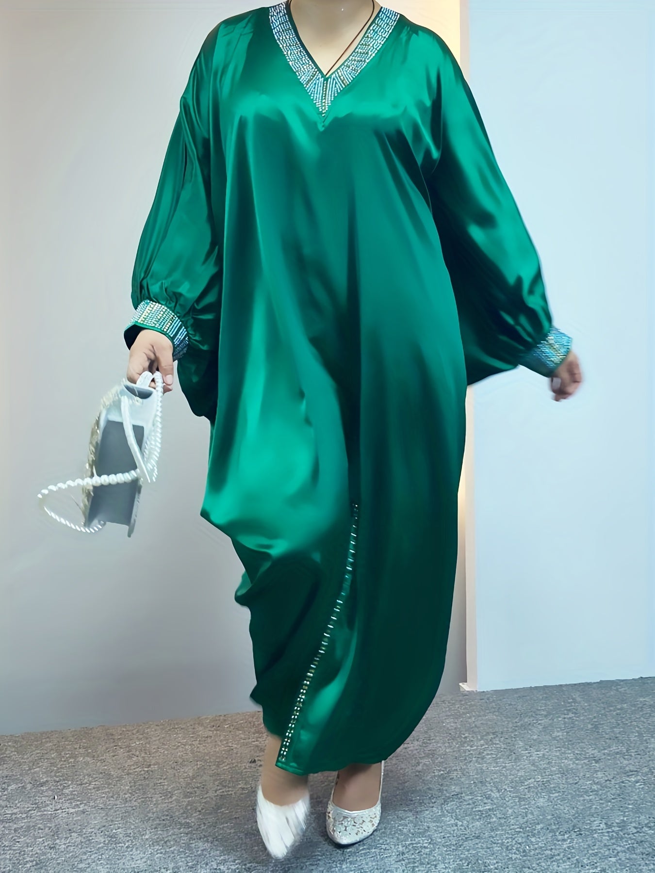  Glitter Rhinestone Satin Batwing Maxi Dress