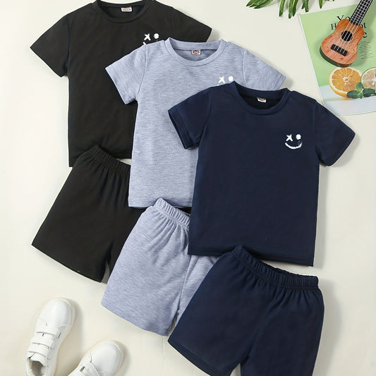 3pc Boys Short Sleeve T shirt & Shorts 2pc Smile Print Casual Kids Clothes