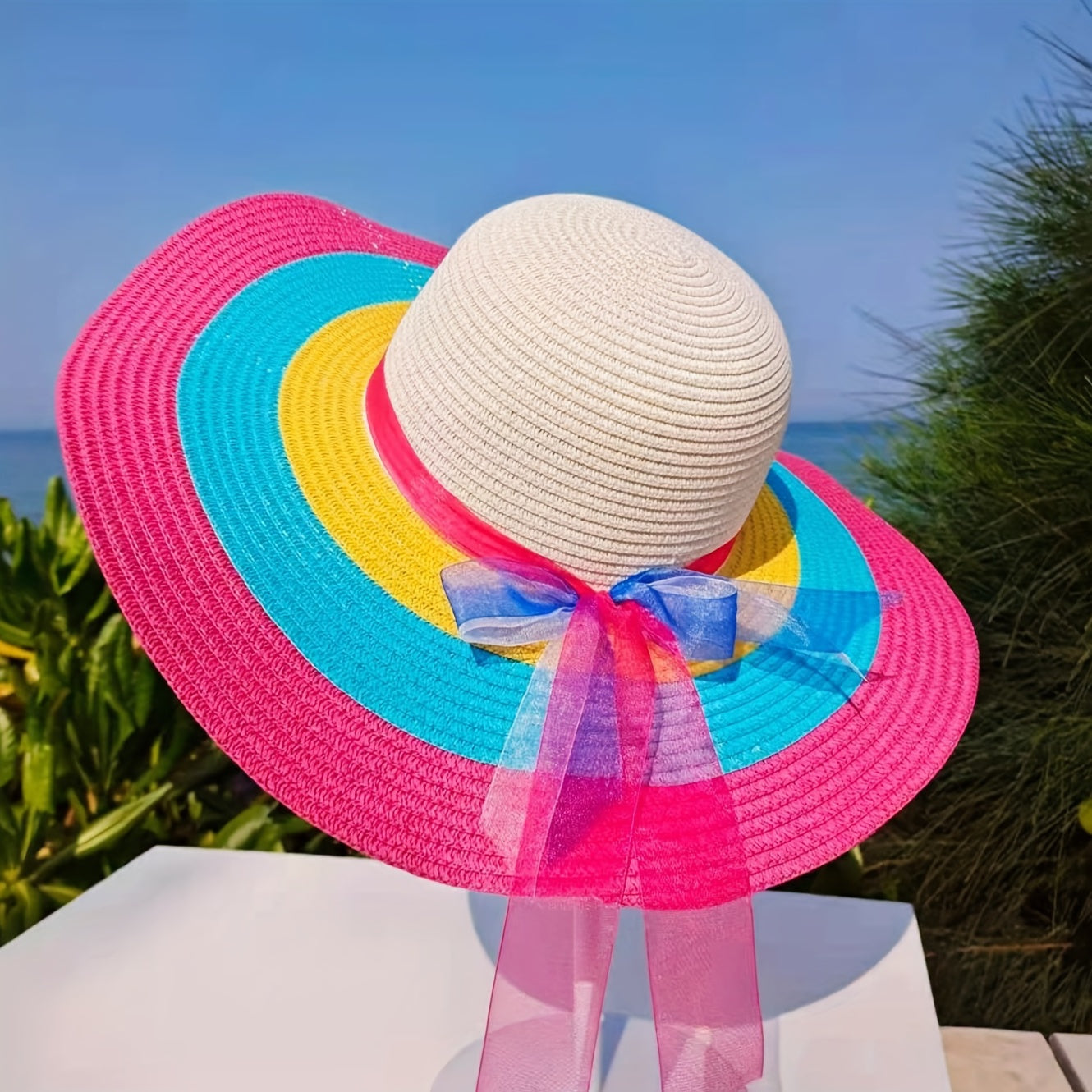 Rose Red Candy Striped Sun Hat Wide Brim Rainbow Ribbon Bowknot Decor