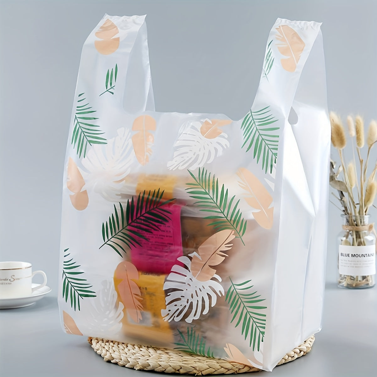 50pcs Leaf Feather Printed Shopping Bags for Take Out Grocery Shopping