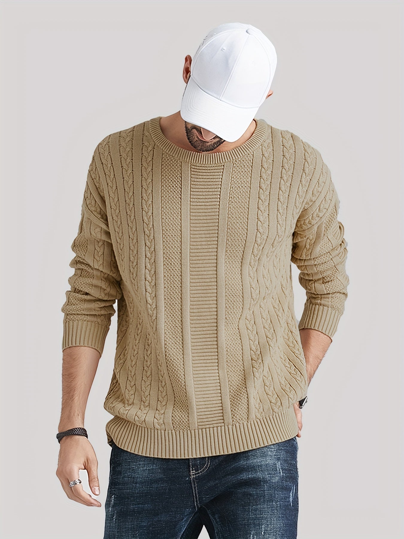 Knitted Cable Sweater Men's Casual Warm Crew Neck Pullover