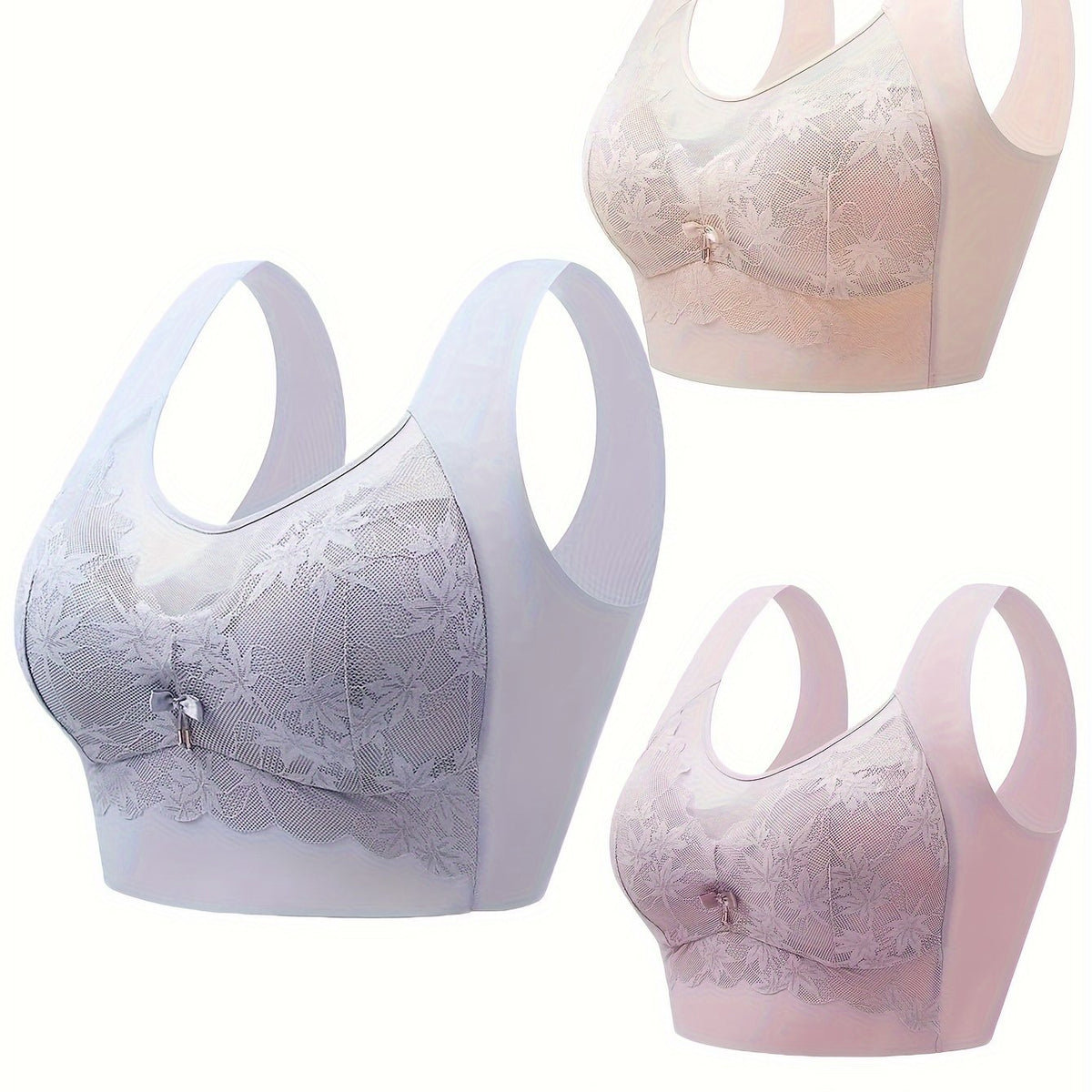 3pcs Lace Wireless Bras Full Coverage Comfortable & Breathable Women's Lingerie