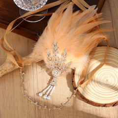 1920s Gatsby Feather Headband with Rhinestones & Pearls