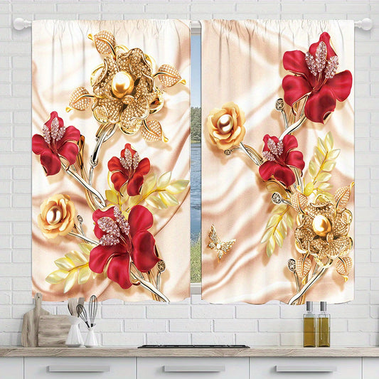 2pcs 3D Red Rose Flowers Curtain Golden Flowers Blackout Rod Pocket Curtain