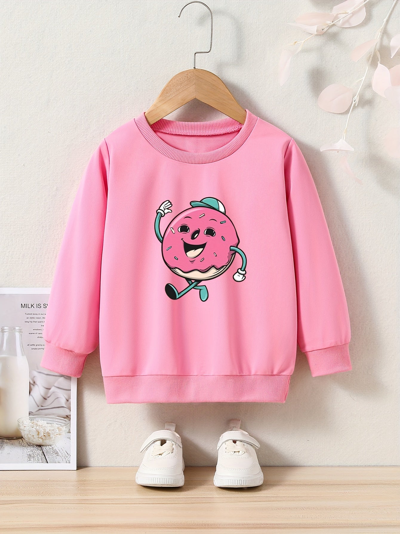Cartoon Donut Print Girls Sweatshirt Long Sleeve Crew Neck Tops