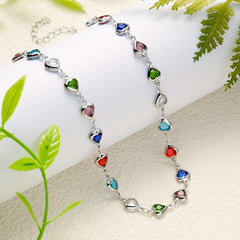 Colorful Faux Crystal Chain Anklet Love Heart Silver Plated Ankle Bracelet