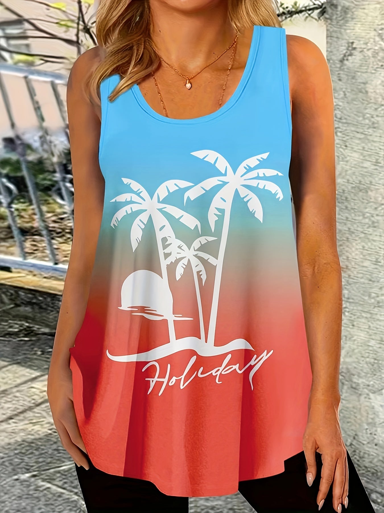 Coconut Tree Print Tank Top Gradient Summer Sleeveless Top