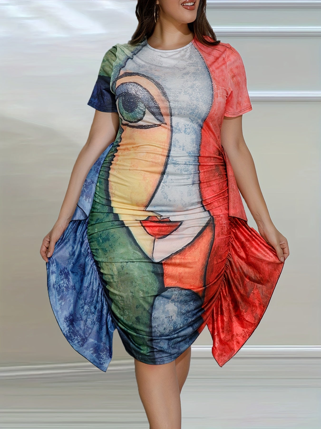  Abstract Figure Print Short Sleeve Ruffle Trim Dress