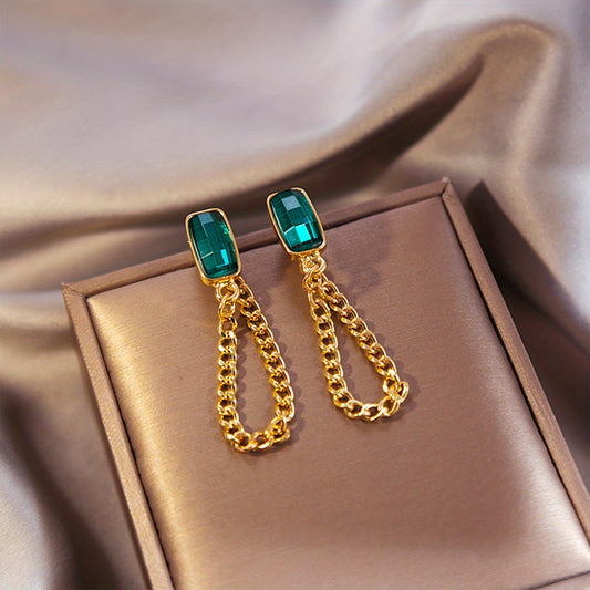 Long Chain Earrings Square Synthetic Gems 18K Plated Drop Earrings
