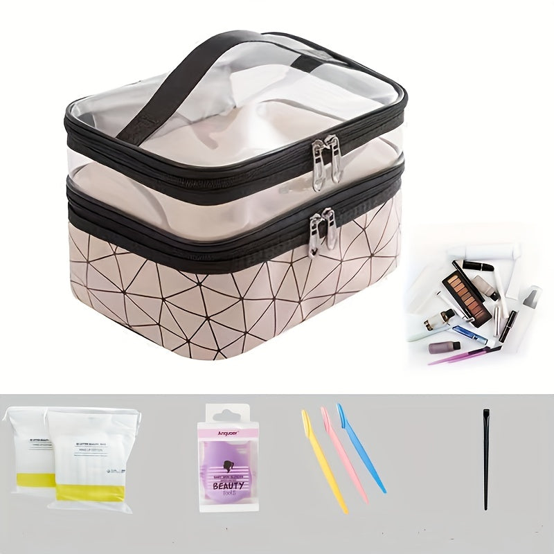 Double Layer Clear Geometric Stripes Handheld Cosmetic Bag