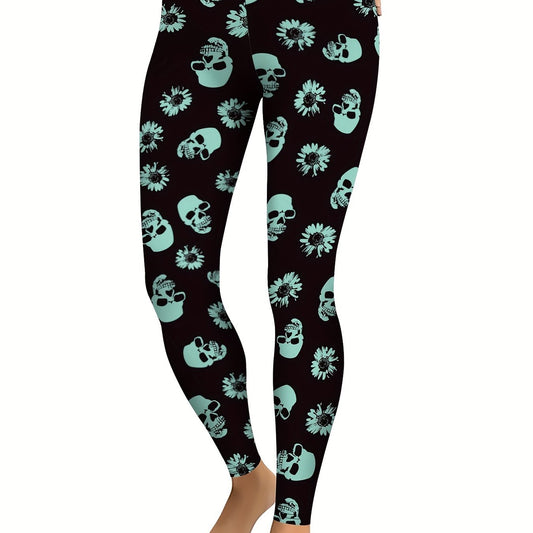Skull Flower Graphic Sports Leggings Yoga Tight Pants Women