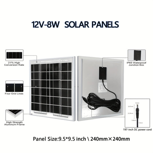 12V Solar Panel 8W Portable for 12V Batteries, Fan, Home Appliances