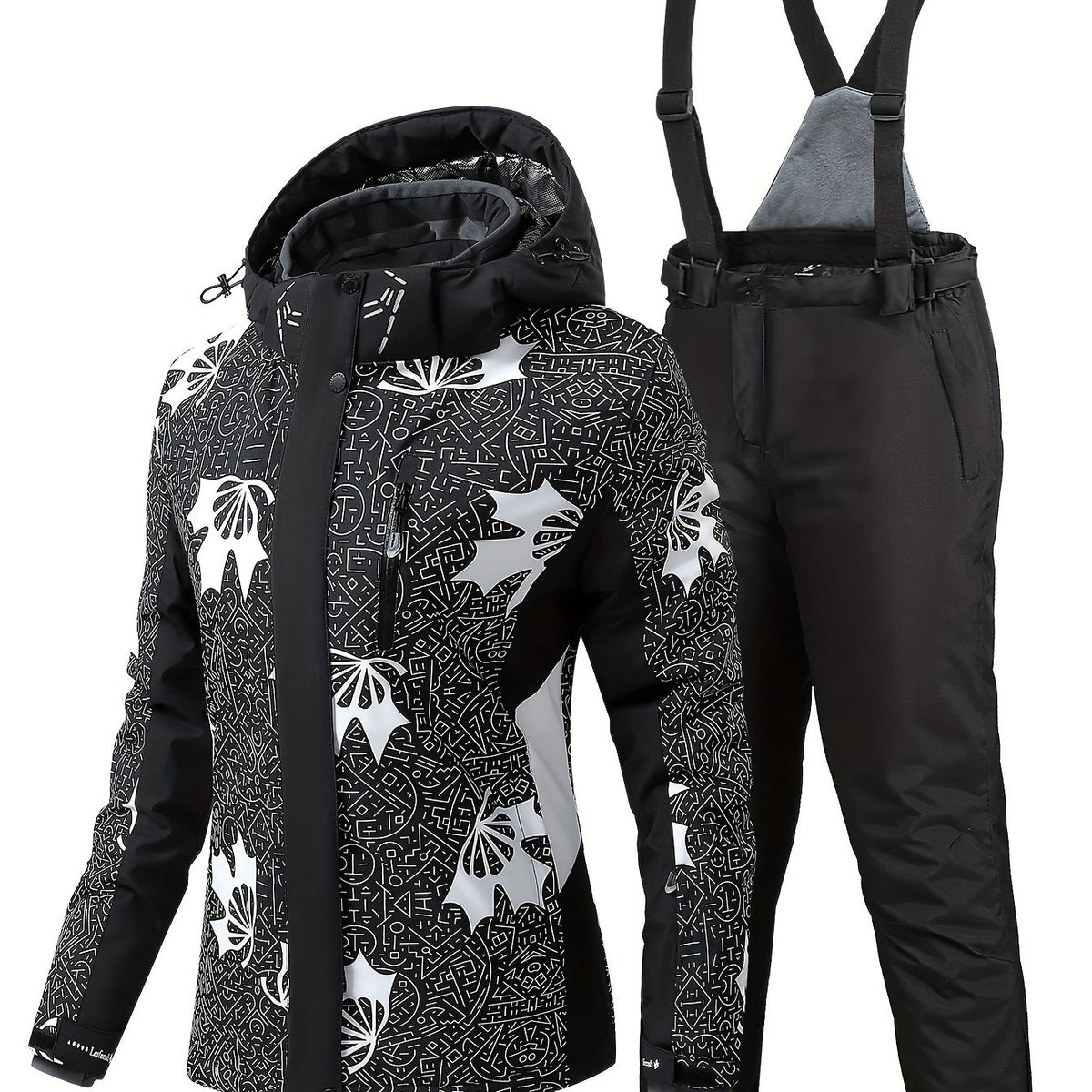 Geometric Print Ski Set Long Sleeves Hooded Jacket & Trouser Ski Suit