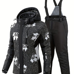 Geometric Print Ski Set Long Sleeves Hooded Jacket & Trouser Ski Suit