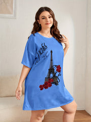 Floral & Tower Print Short Sleeve Round Neck Tee Sleep Dress
