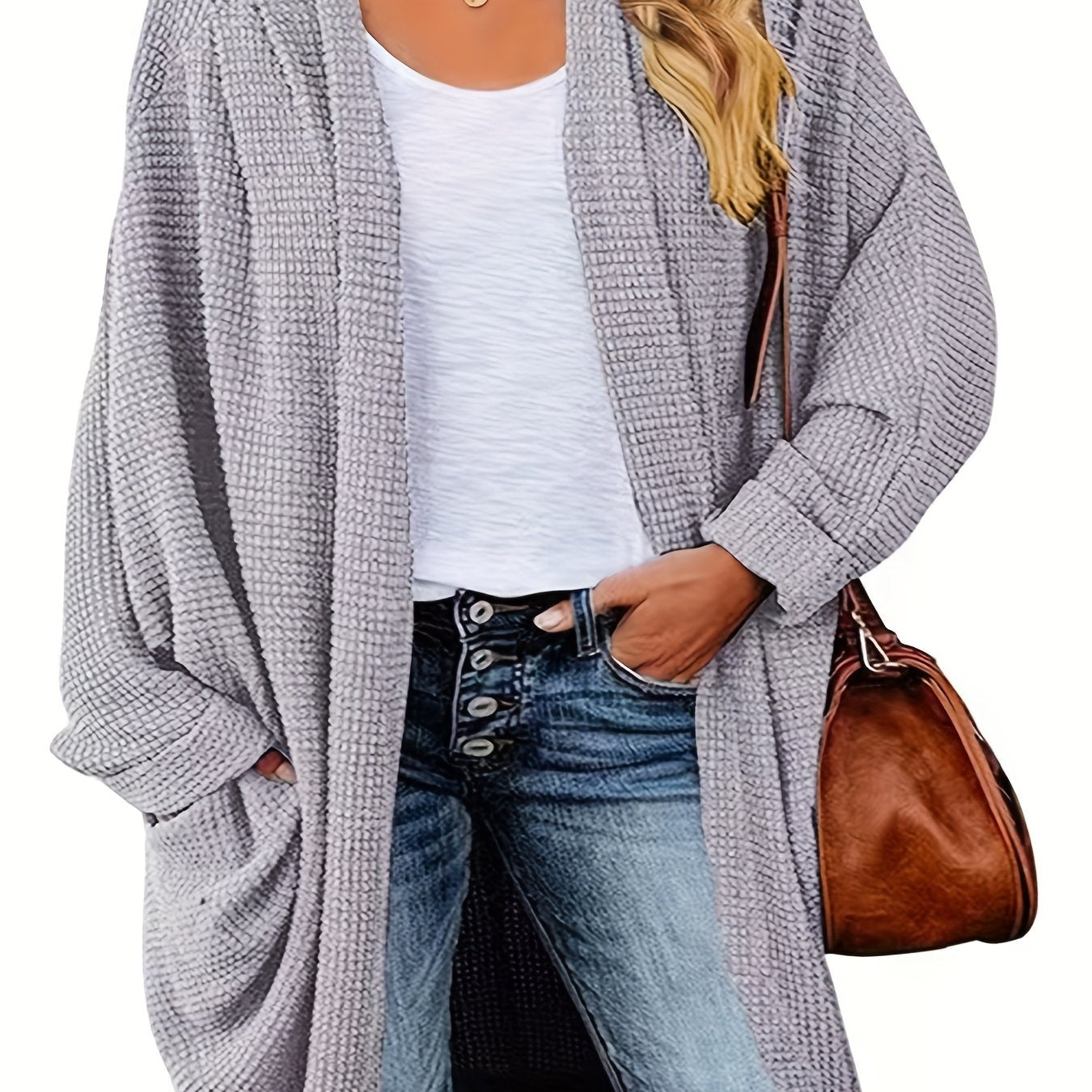  Waffle Knit Bat Sleeve Open Front Sweater Cardigan